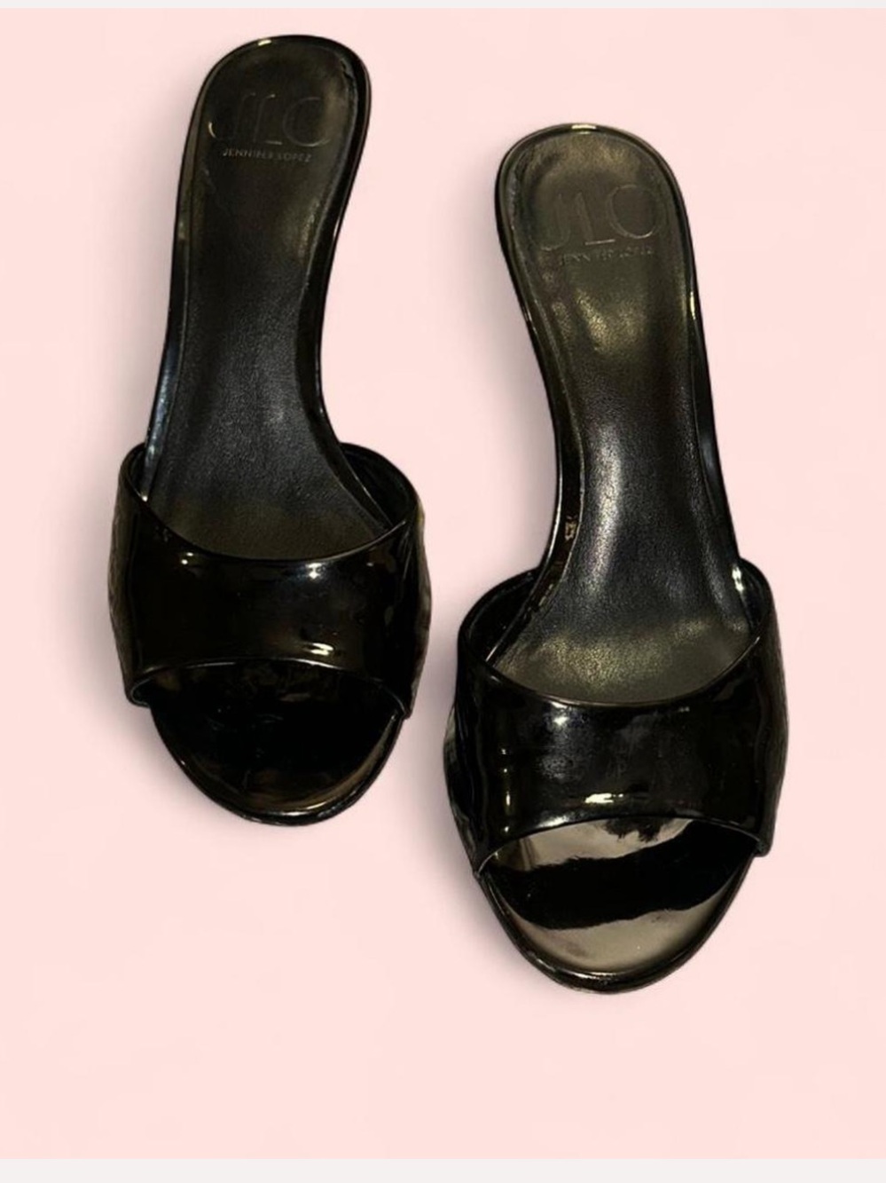 Jennifer Lopez Black Patent Open-Toe Slide Mules